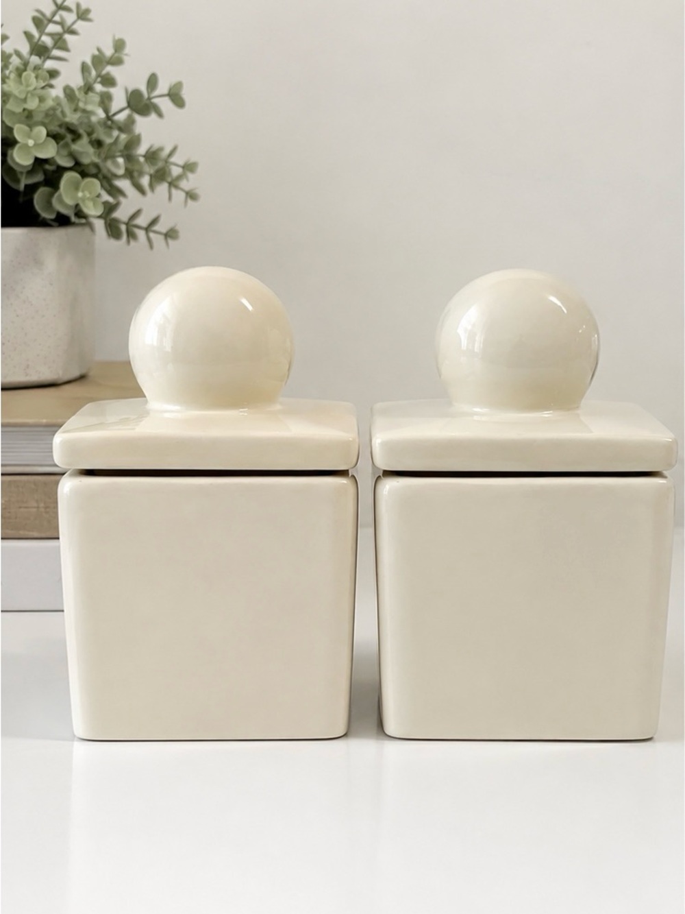 Set of 2 Cream Ceramic Lidded Jars Small Trinket Storage Containers
